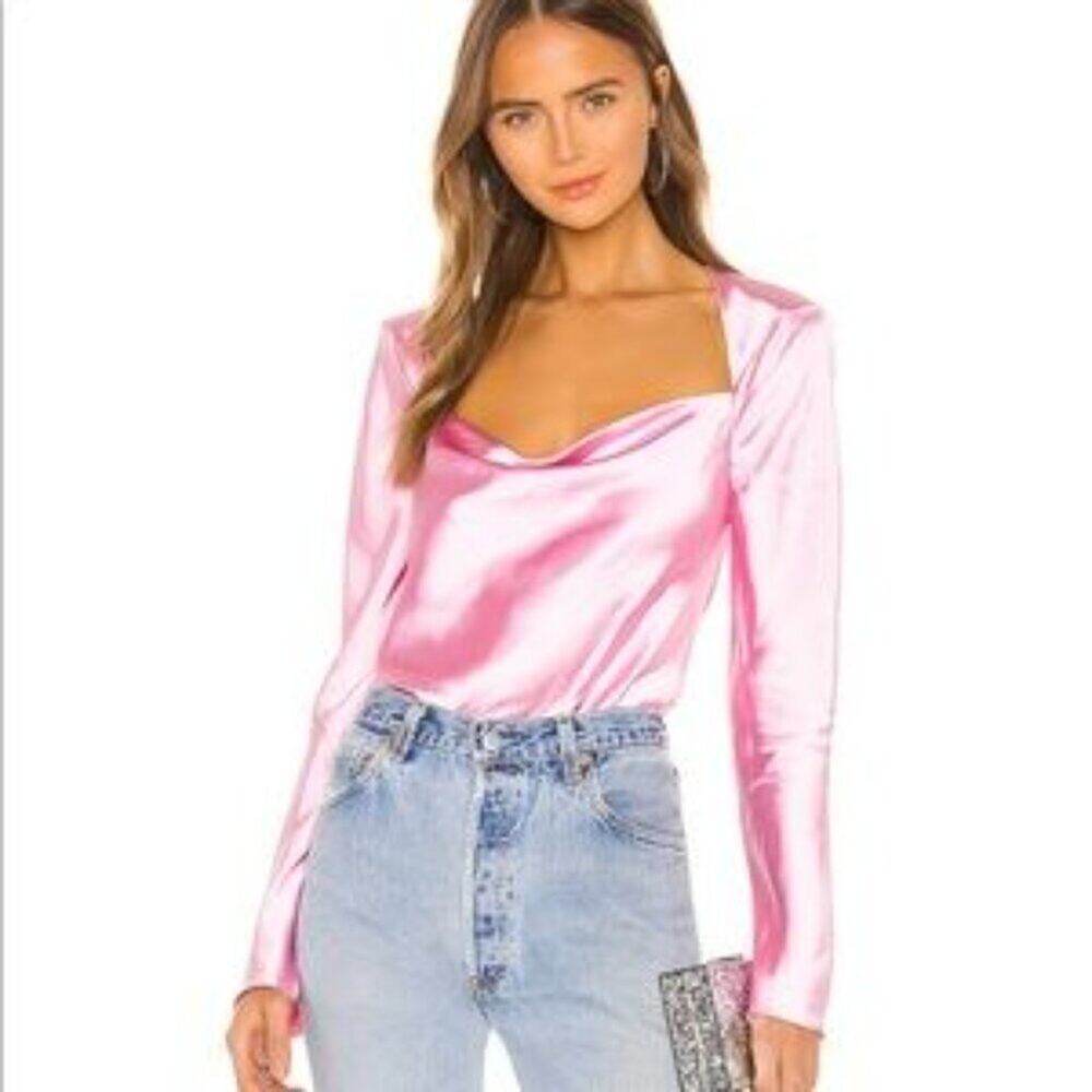 C/MEO x REVOLVE Polarised Pink Satin Blouse Open Back Size M